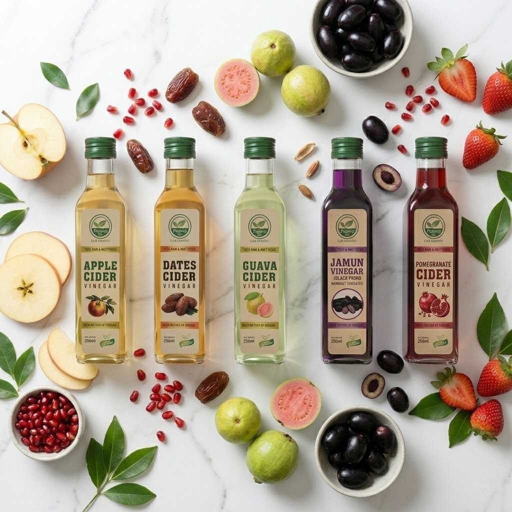 Organic apple cider, jamun, dates, guava, and pomegranate vinegars from Organico Pakistan