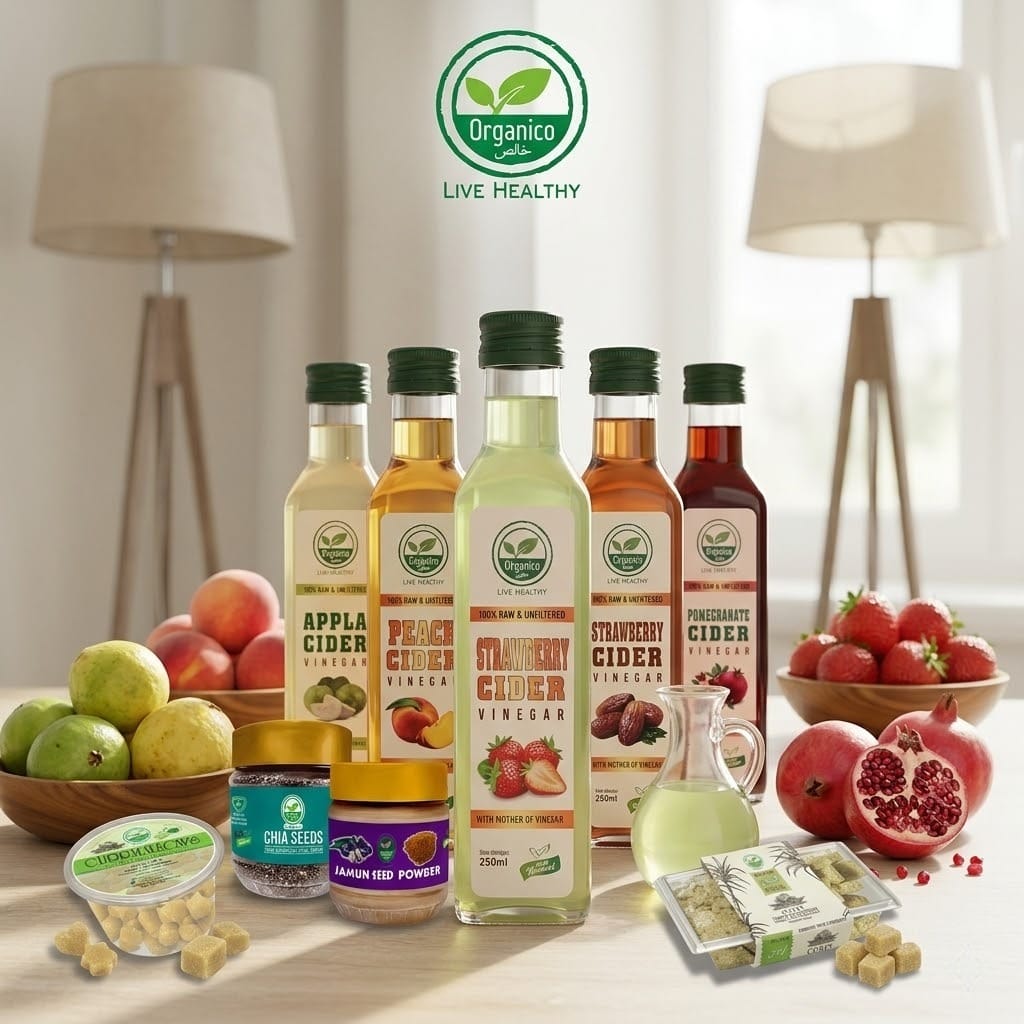Organico product range: raw Sidr honey, organic vinegars, Desi Gurr, and superfood seeds from Pakistan