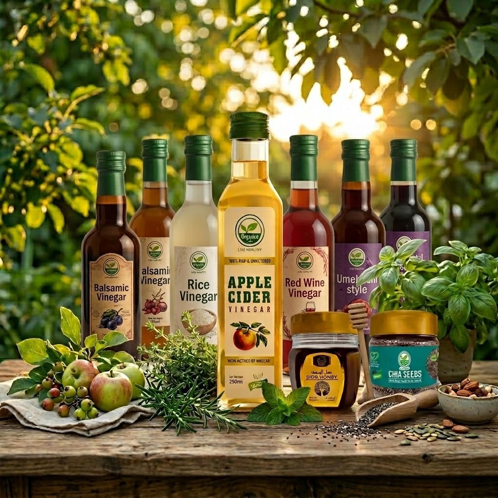 Organico product range: raw apple cider vinegar, Sidr honey, chia seeds, and natural foods from Pakistan