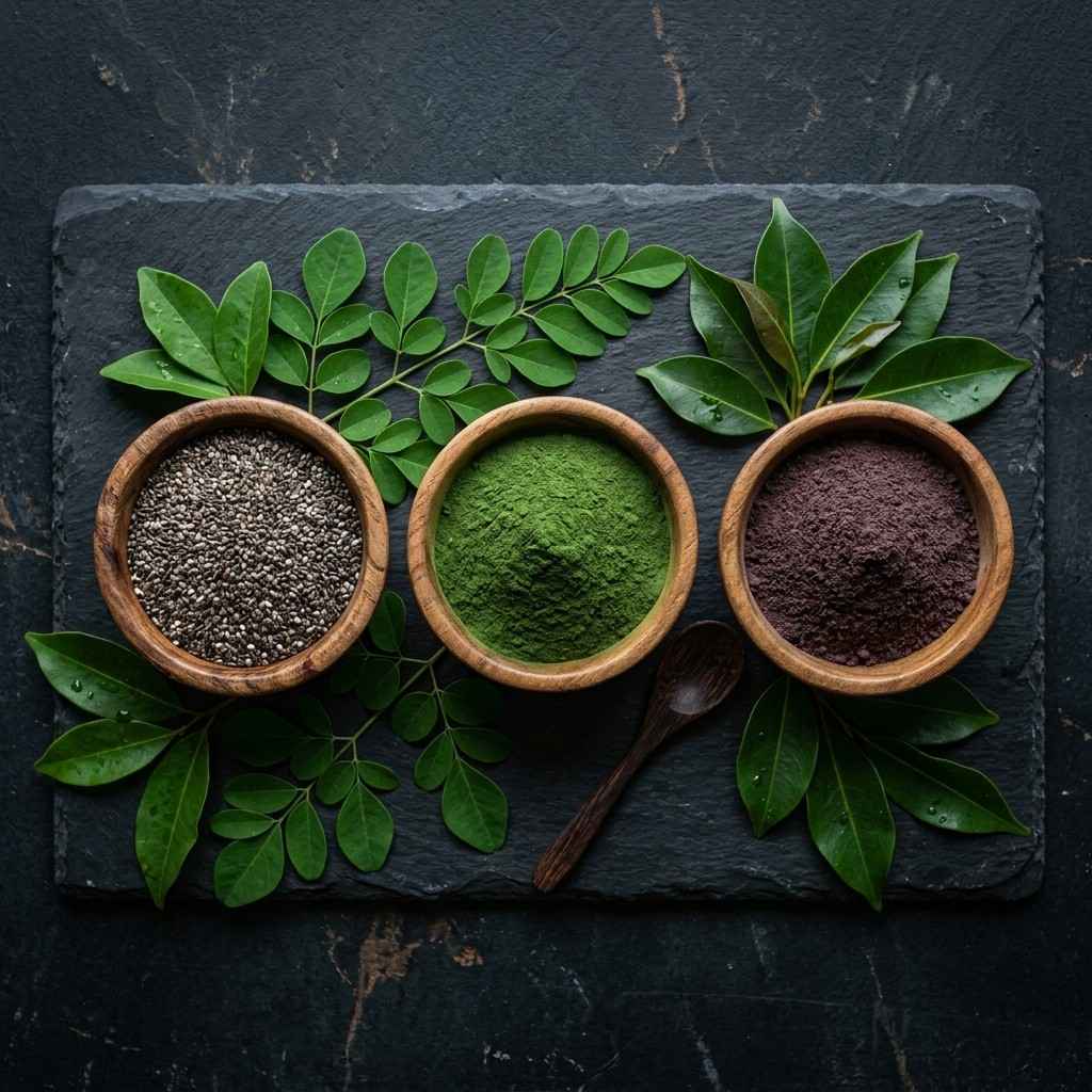 Chia seeds, moringa powder, and jamun seed powder superfoods from Organico Pakistan